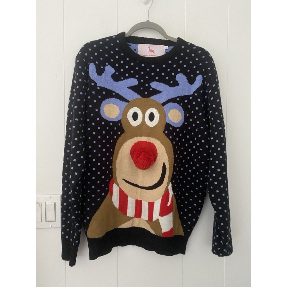 Remel Rudolph Reindeer Black Polka Dot Ugly Christmas Sweater Size Small‎ L